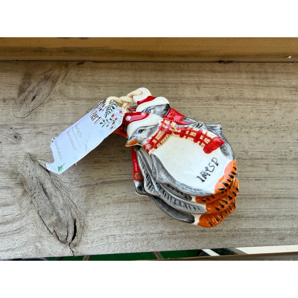 Pier 1 Imports Ceramic Penguin Measuring Spoons Set Holiday Winter Christmas NEW